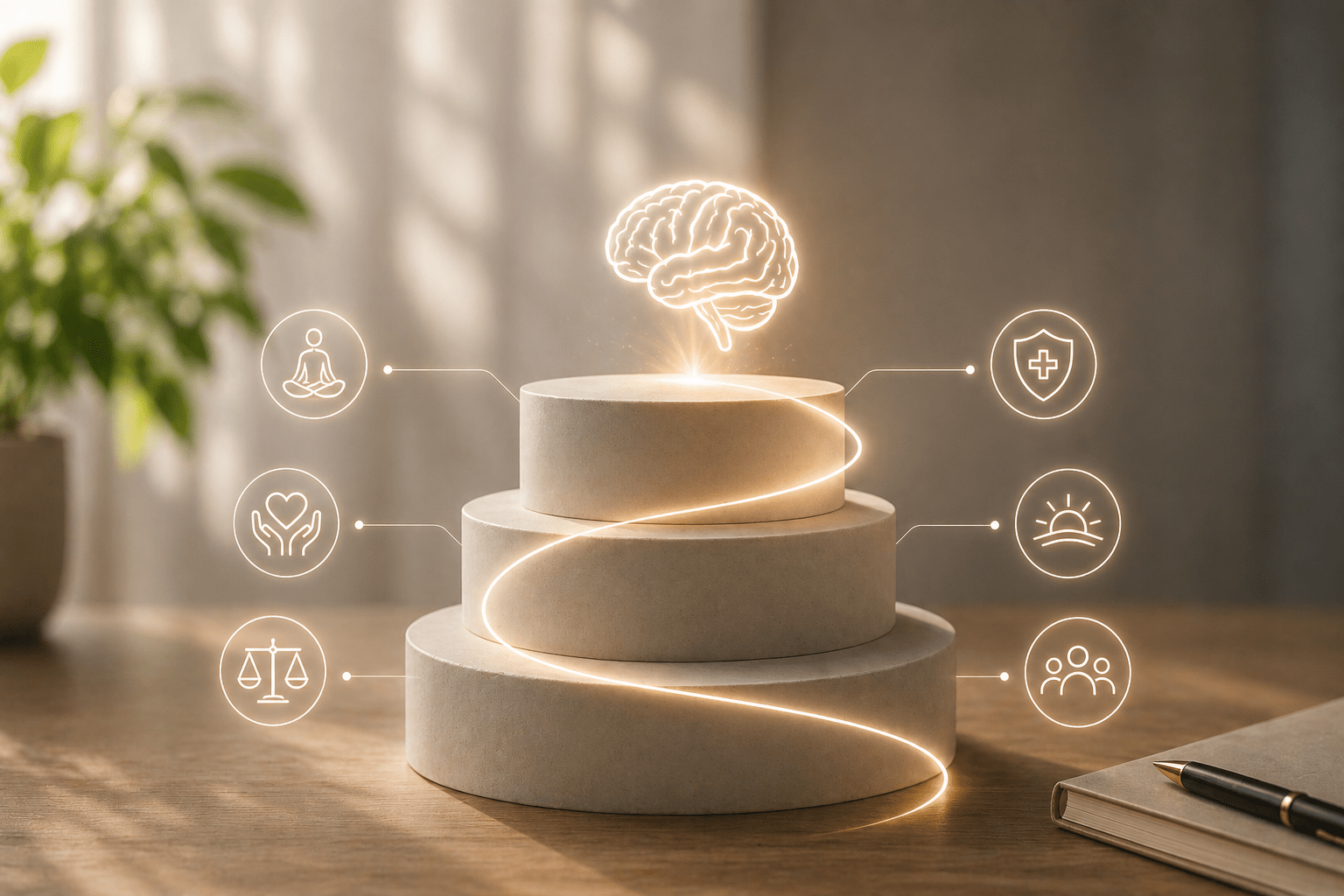 Wellness concept with stacked stones and brain icon