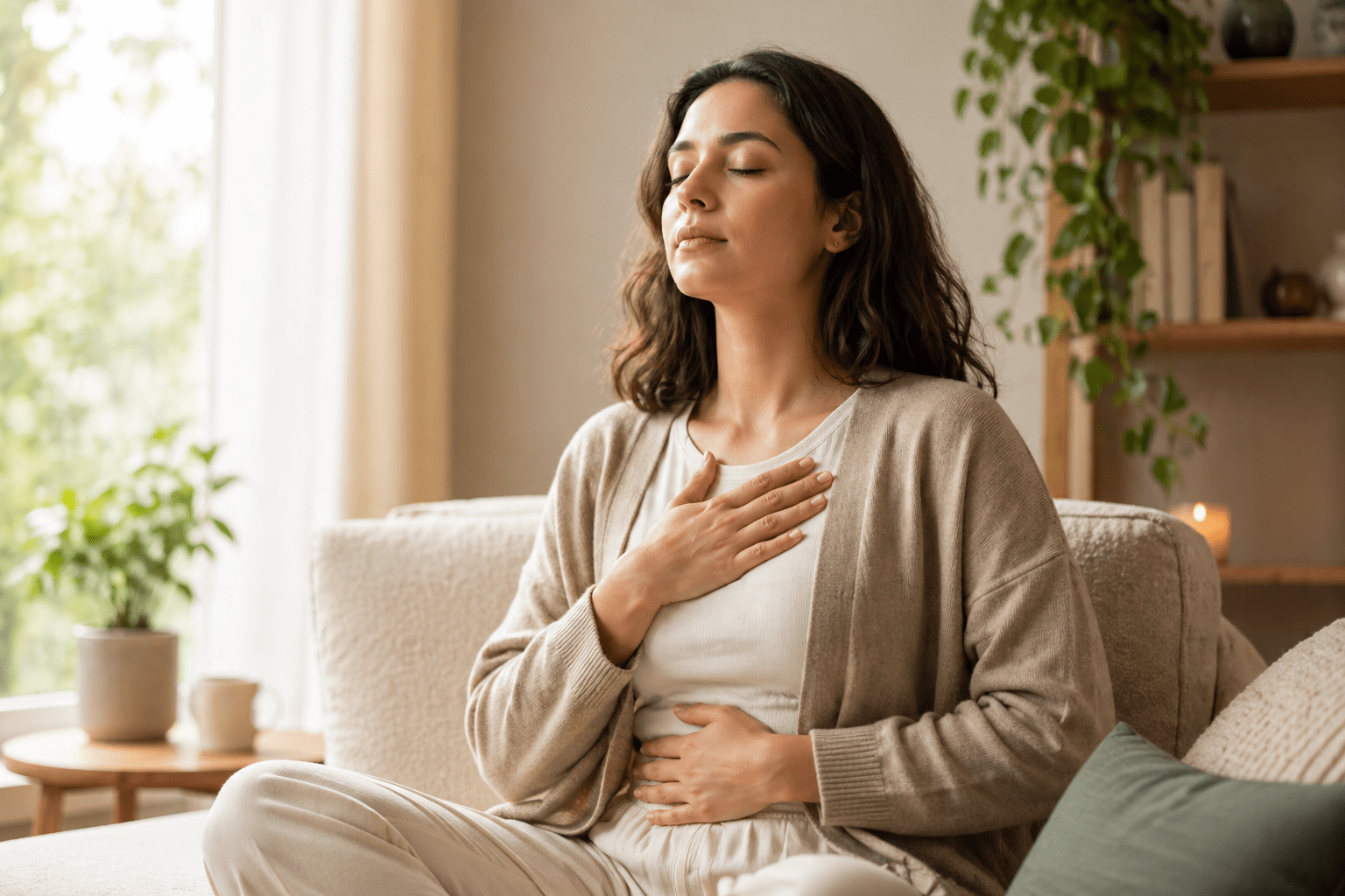 Woman practicing mindful breathing