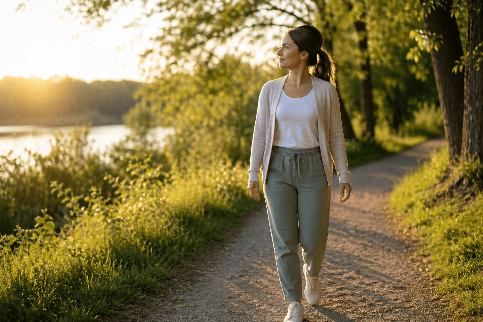 Woman walking on sunlit path