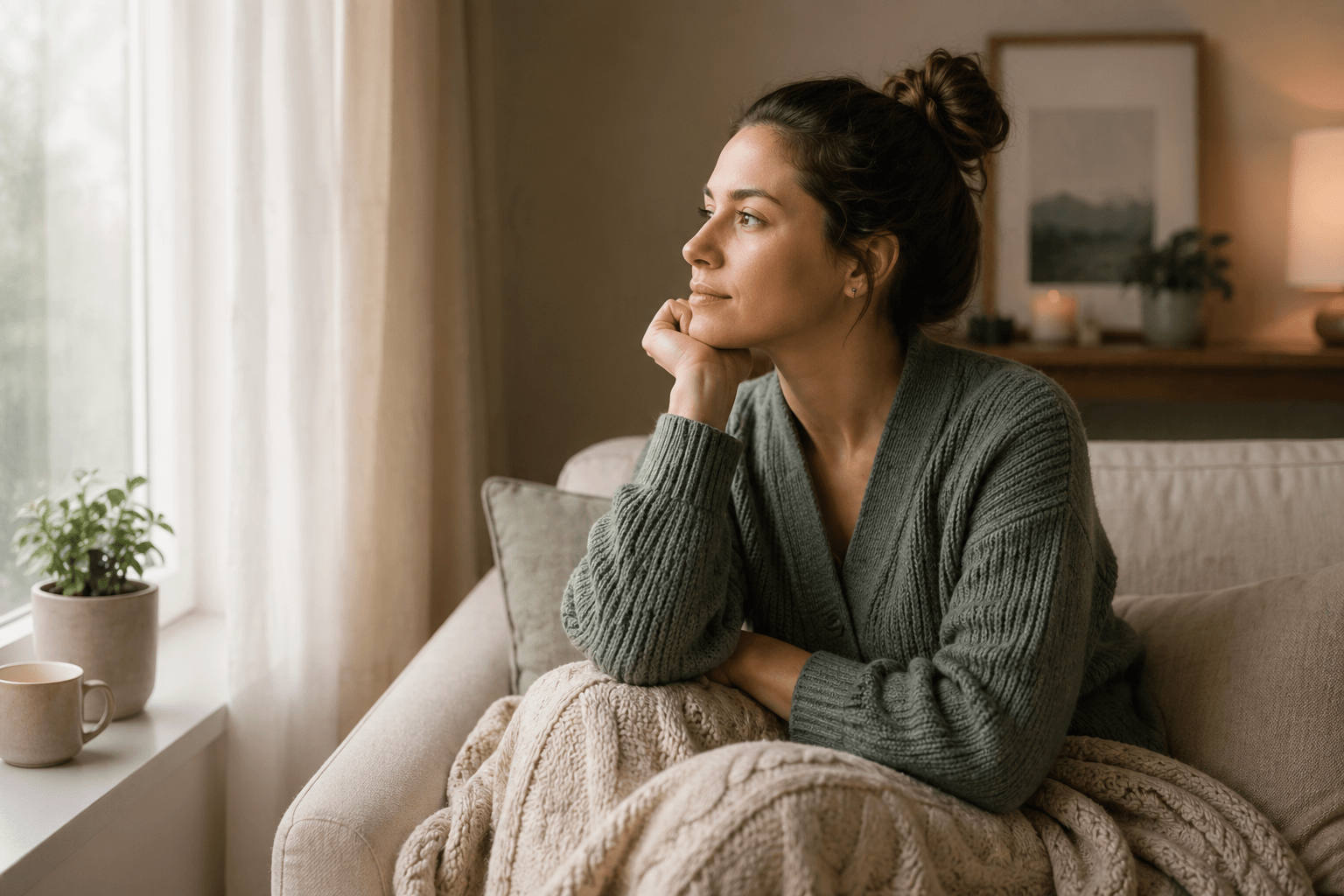 Woman reflecting by window