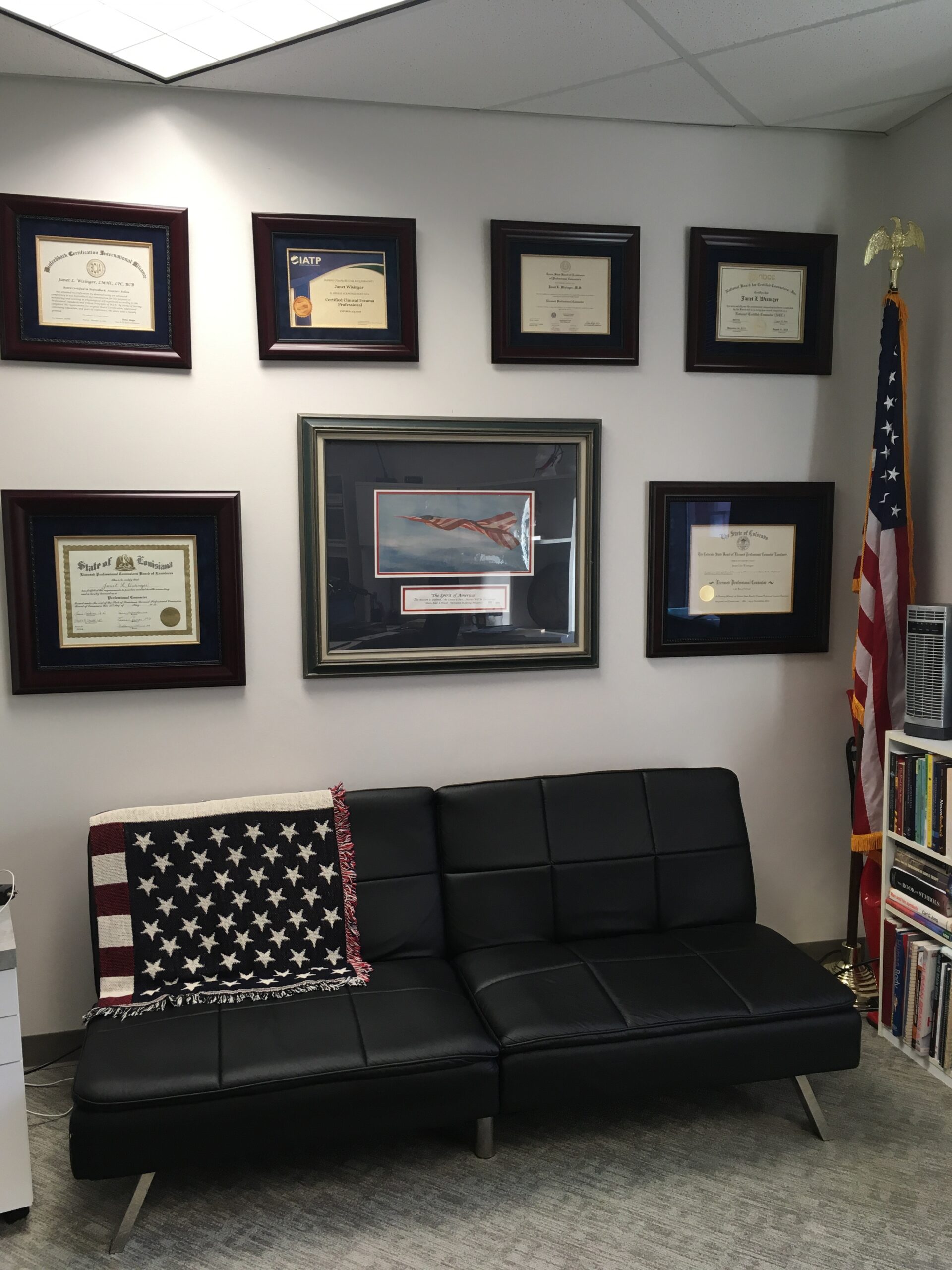 Counseling office with framed credentials